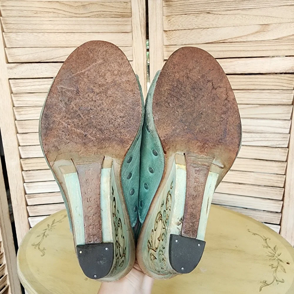 Neosens EU 38 US 7.5 8 Anthropologie Green Leather Wedge Sandals Mules Boho